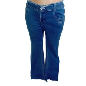 Y2K Paris‎ Jeanswear Denim Jean Medium Wash Rhinestone Butterfly Frayed Flare 30